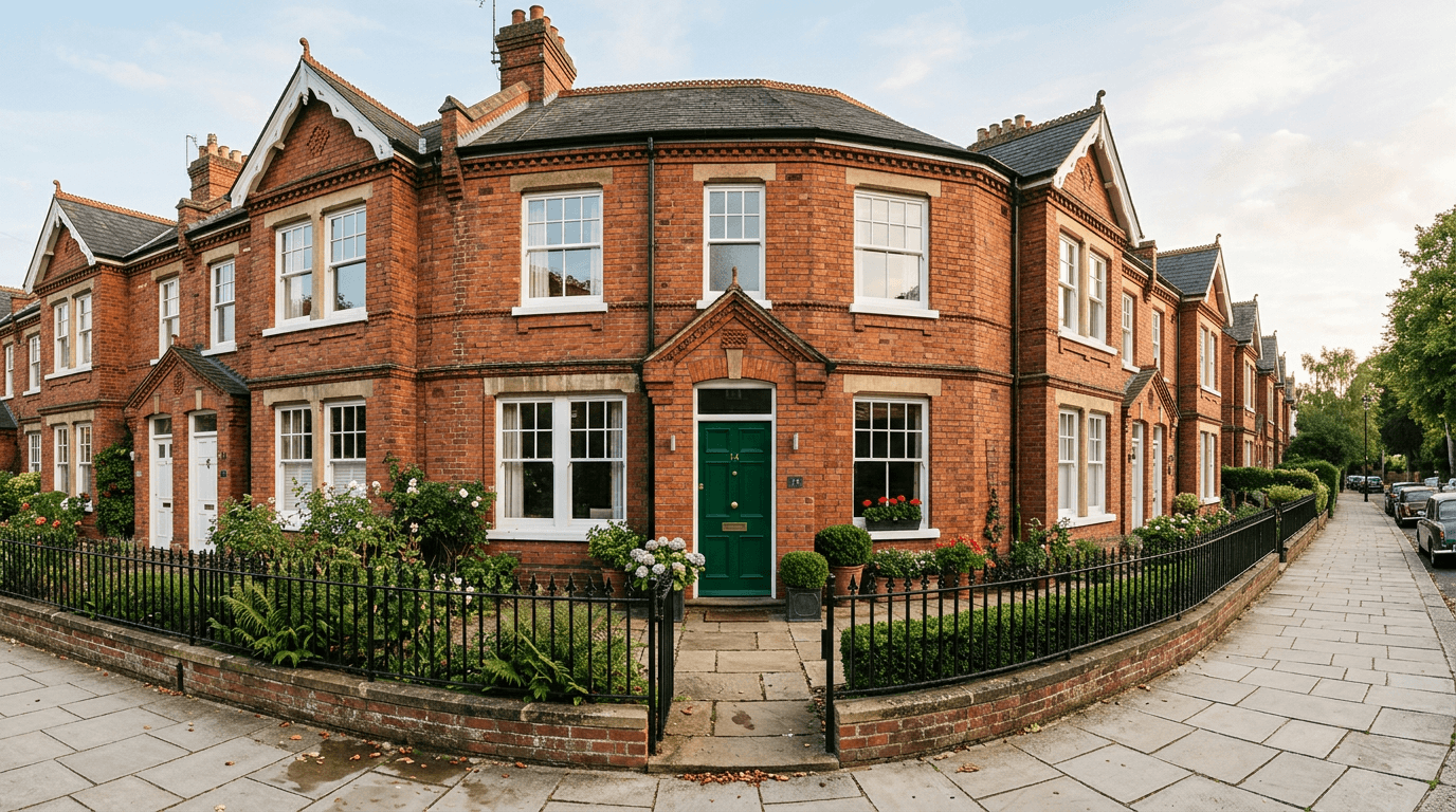 A row of restored red-brick Victorian terraced houses with white sash windows on a quiet street